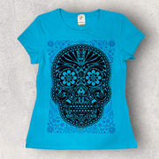 Blaues T-Shirt „Obsidianschädel“ mit mexikanischem Design Karani Art