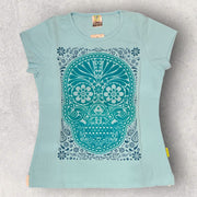 T-shirt turquoise"Obsidian Skull"avec Karani Art Mexican Design