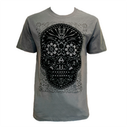 "Obsidian Skull" gray T-shirt with Karani Art Mexican design