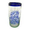Vaso mexicano de vidrio soplado con raya azul y dibujo de Catrina
