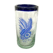 Mexican glass blown glass with blue stripe and owl drawing