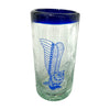 Vaso mexicano de vidrio soplado con raya azul y dibujo de búho delgado