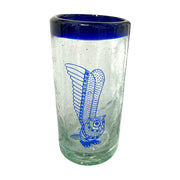 Vaso mexicano de vidrio soplado con raya azul y dibujo de búho delgado